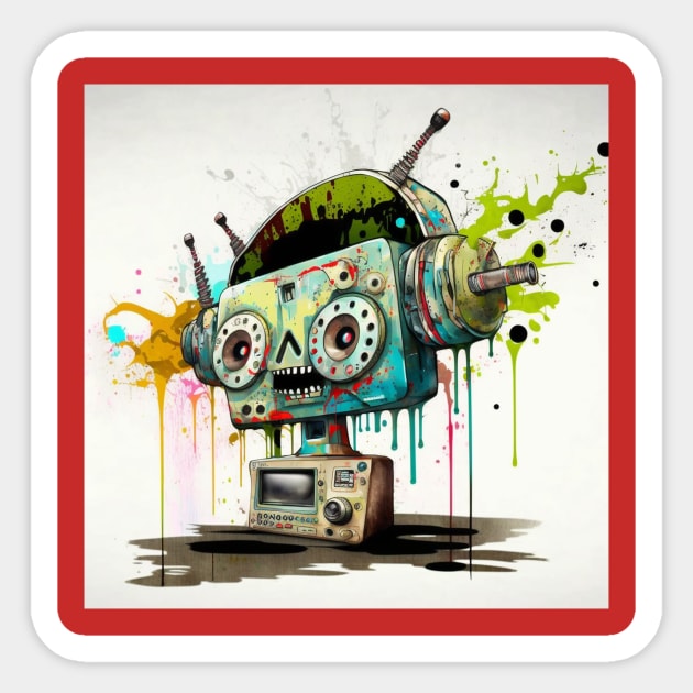 Robot Radio Head Splatter Sticker by BigBrainMerch